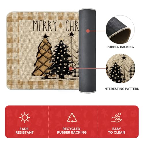 Buffalo Plaid Xmas Tree Kitchen Mats Set of 2 - Brown & Beige, 17x29 & 17x47 Inches