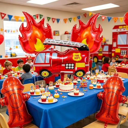 Fire Truck Balloon Decorations Set - 5 Foil Balloons for Kids' Parties