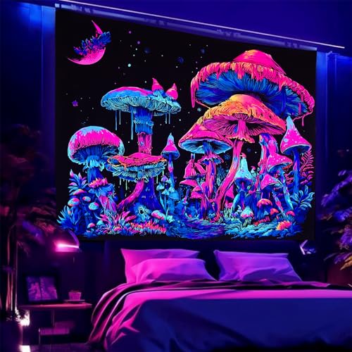 UV Reactive Blacklight Mushroom Tapestry 47" x 35" - Glow in the Dark Forest Wall Hanging