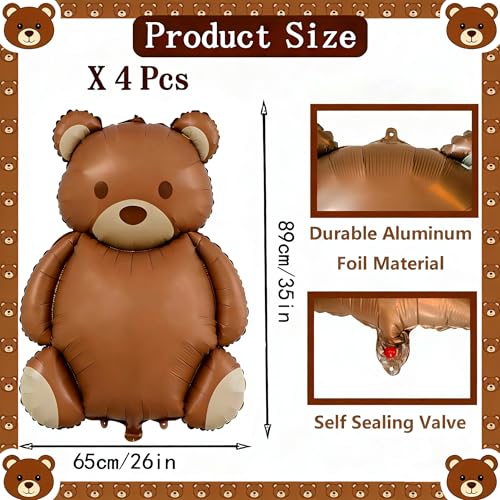 4 Pcs 35-Inch Brown Bear Foil Balloons for Jungle Safari Birthday Party