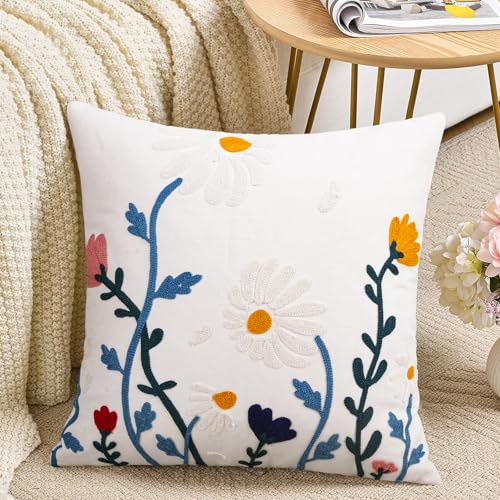 Merrycolor Floral Embroidered Pillow Cover 18x18 Cotton Canvas