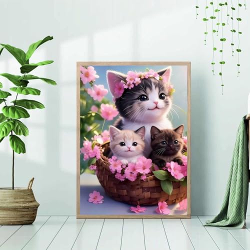 NebuIuxe Kittens in Flower Basket 5D Diamond Painting Kit 12x16 Inch