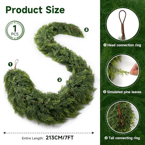 7FT Artificial Cedar Garland for Christmas Decorations - Full & Durable, Rainproof