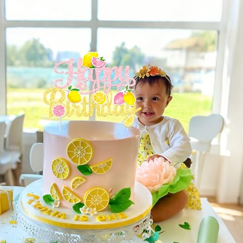 Pink & Gold Glitter Lemon Happy Birthday Cake Topper