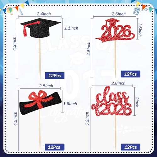 SANNIX 48Pcs Graduation Cupcake Toppers 2026 - Glitter Picks