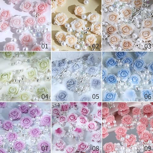 3D Acrylic Rose Nail Charms with Pearls and Beads - 30 Pcs