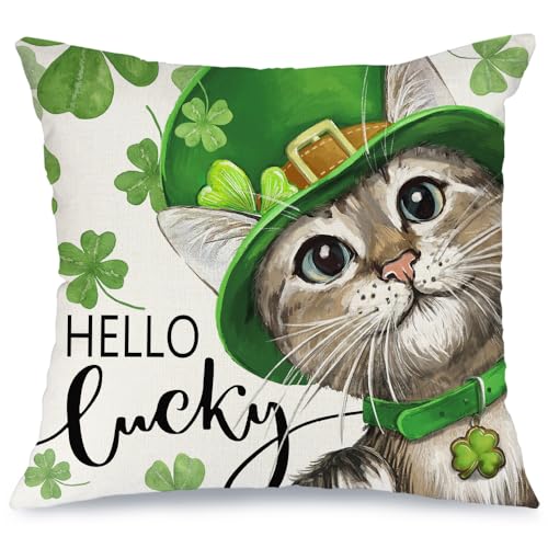 St. Patrick's Day Decorative Pillow Cover 18x18 Inch - Cat Clover Design