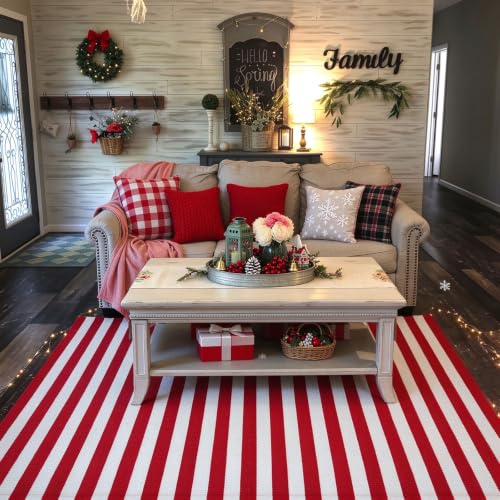 Christmas Outdoor Mat 4x6 ft Red and White Striped Rug Front Porch Decor - Layered Welcome Doormat