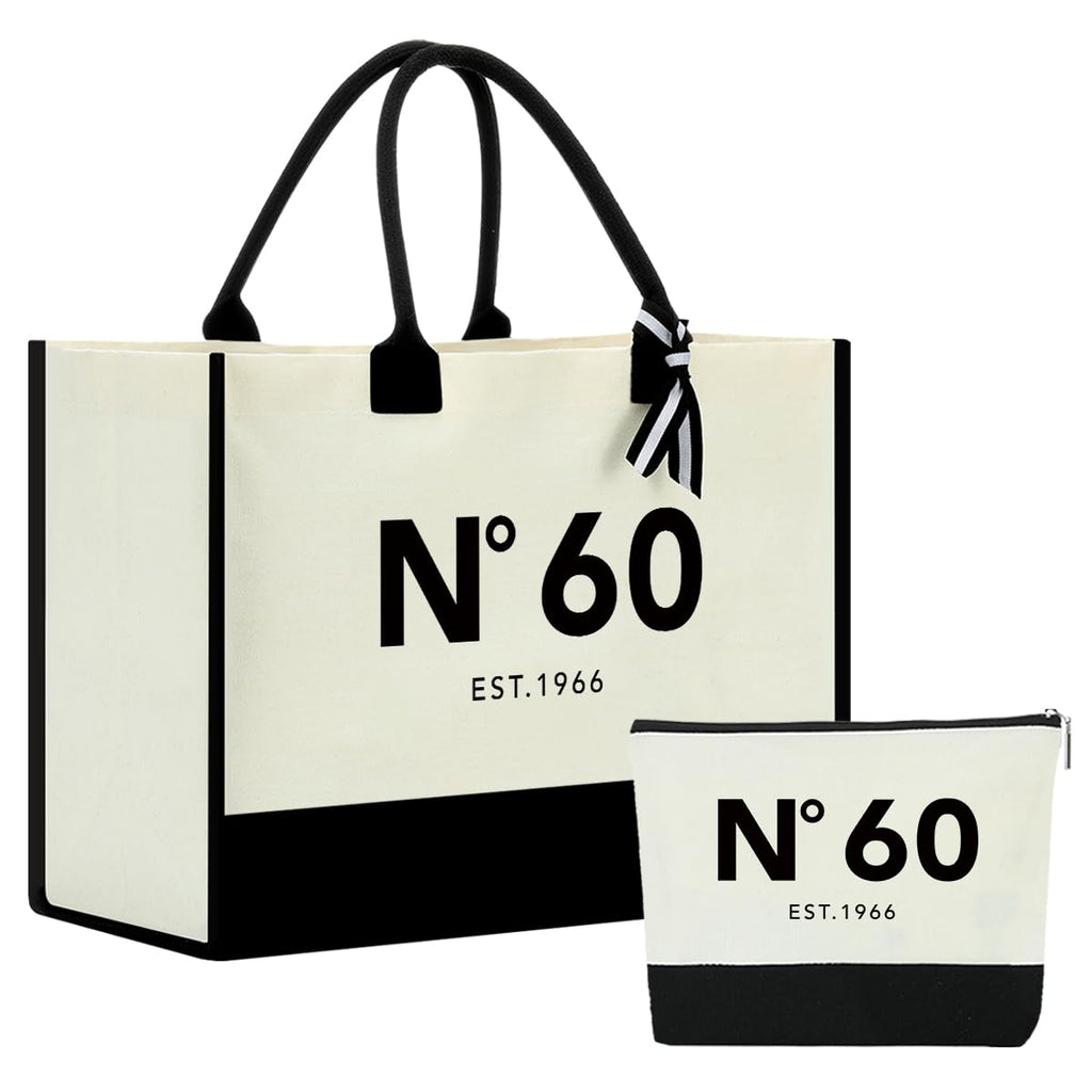 NGLIV 60th Birthday Gifts for Women,1966 Birthday Gifts for Women Travel Canvas Tote Bag and Makeup Bag, Unique 60 Years Old Birthdays Gift for Mom Wife Aunt Friends Her