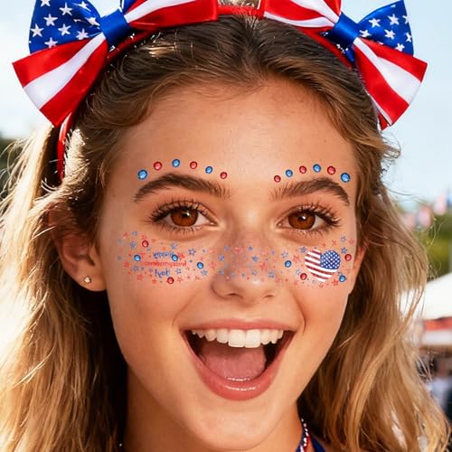 Patriotic Red White and Blue Glitter Freckle Face Tattoo Stickers 12Pcs