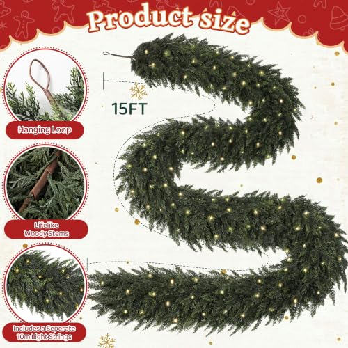 15FT Real Touch Cedar Christmas Garland with Separate String Lights - Green Moon