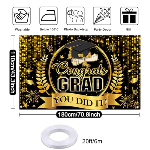 Congrats Grad Banner - Class of 2026 Black & Gold Backdrop