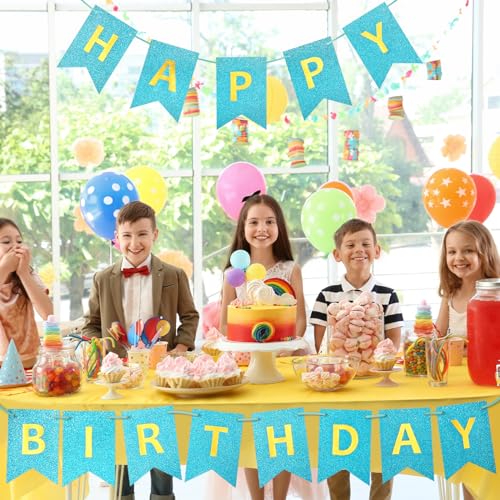 Light Blue Glitter Happy Birthday Banner Silver Sign for Party Decor