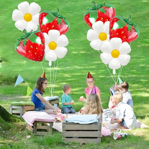 8 Strawberry & Daisy Foil Balloons for Birthday Parties