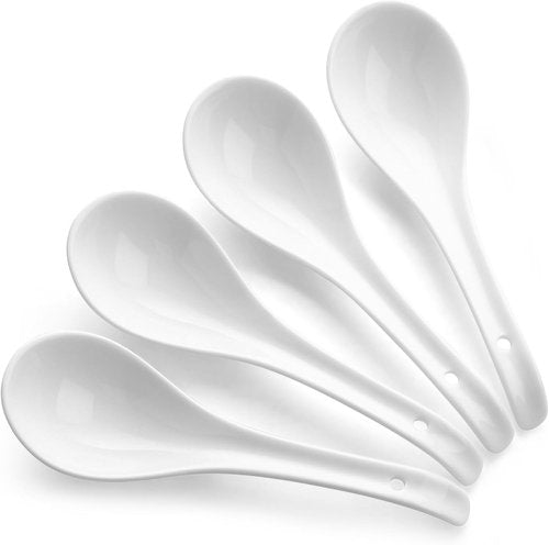 DOWAN Ceramic Soup Spoons - Large White Japanese Spoons for Ramen & Pho | Set of 4 with Deep Oval Hook Design