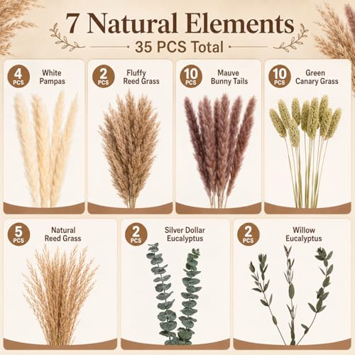 35PCS Dried Pampas Grass and Flower Bouquet for Home Decor