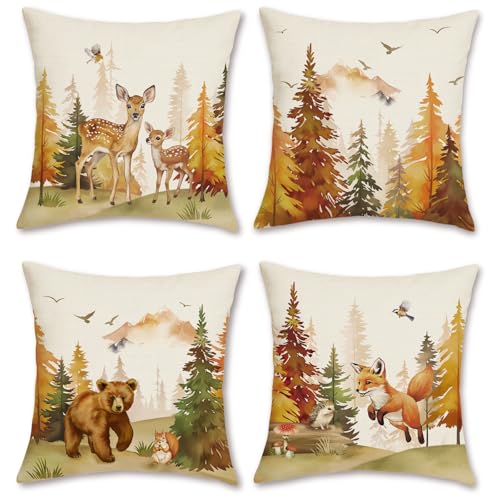 Bonhause Fall Forest Throw Pillow Covers 18x18, Woodland Animal Set of 4