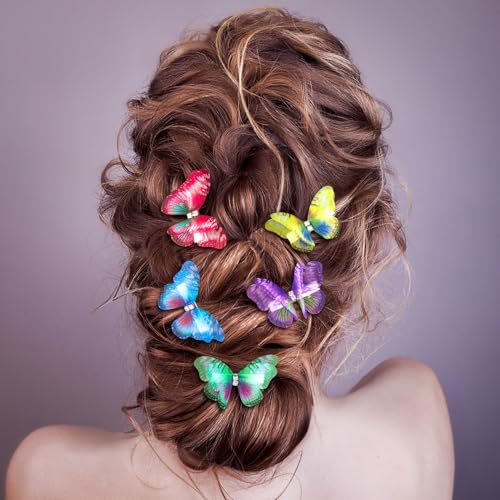 HINZIC 5pcs 3D Organza Butterfly Hair Clips Gradient Rhinestone Barrettes