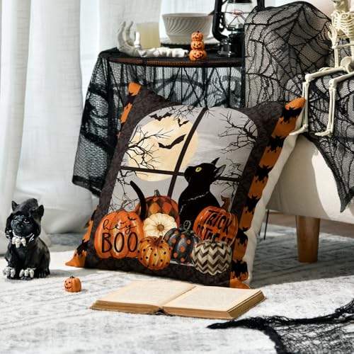 Halloween Pumpkin Cat Throw Pillow Cover, 18x18 Inch - AVOIN