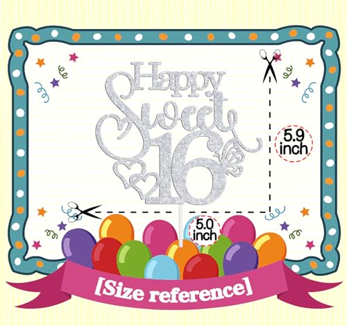 Silver Glitter Happy Sweet 16 Cake Topper for Birthday Parties