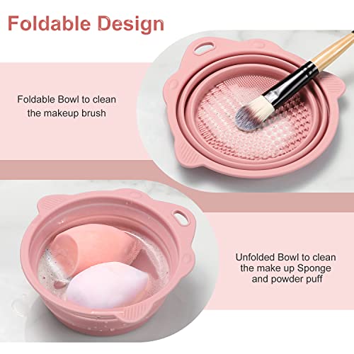 Foldable Silicone Makeup Brush Cleaner Bowl - Pink Travel Scrubber