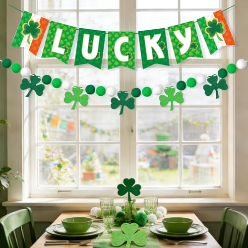 St. Patrick's Day Banner Decorations 2 Pack - LUCKY Banner and Shamrock Pom Pom Garland