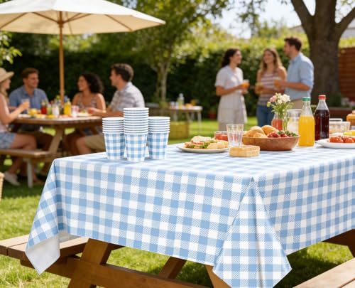 Blue Checkered Tablecloth 54x108 Inch - Waterproof Disposable Cover