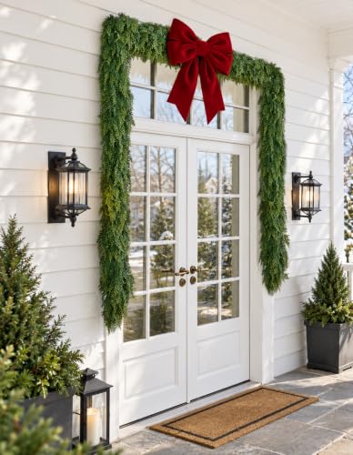 9FT Christmas Cedar Garland - Pre-Lit & Realistic Greenery with 8 Lighting Modes - Cascade Cedar Style, 2 Pack