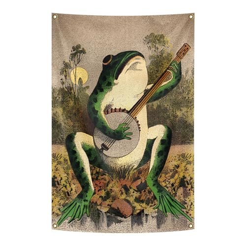 Banjo Playing Frog Wall Tapestry 24x36 Inch Vintage Boho Vertical Flag
