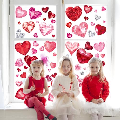 Valentine's Day Window Clings, 9 Sheets Double-Sided Diamond Heart Glass Stickers