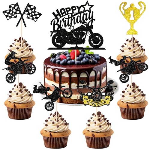 13-Piece Motorcycle Birthday Cake Toppers Set - Glitter Motocross Decorations