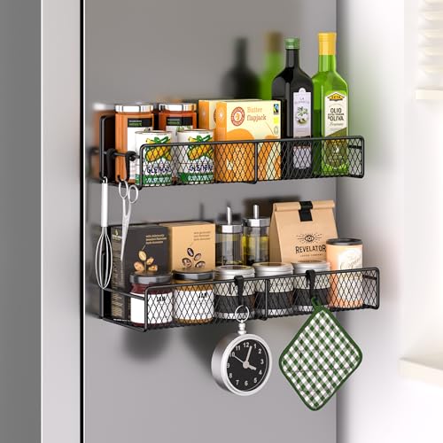 Magnetic Spice Rack Organizer - 2 Pack Metal Shelves with Hooks