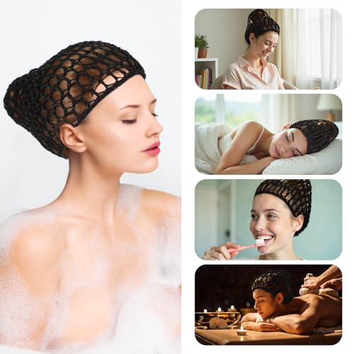 Bremorou 2 Pcs Crochet Hair Nets for Sleeping & Shower - Black & Gray