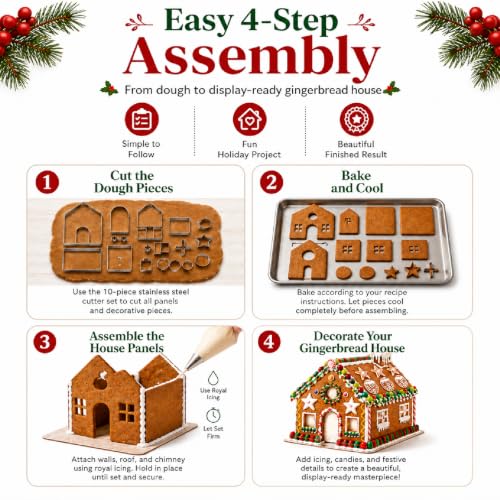 3D Christmas Gingerbread House Cookie Cutter Set - 10 Pcs Stainless Steel Holiday Baking Tools - Variation #1