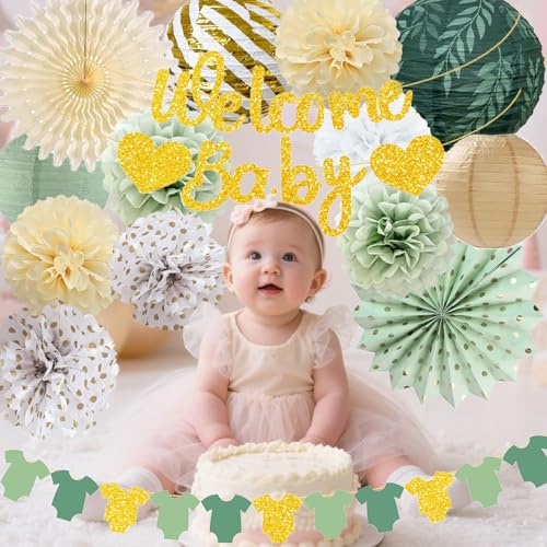Sage Green Baby Shower Decorations Kit - Banner, Lanterns & Pom Poms