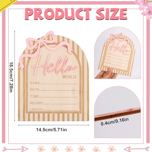 Hello World Newborn Announcement Sign with Pink Bow - Wooden Baby Keepsake