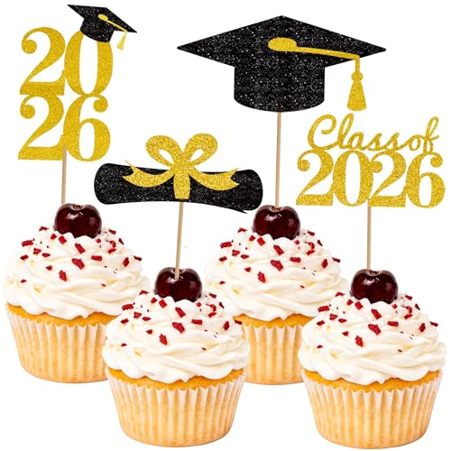 Graduation Cupcake Toppers 2026 - 24 Pack Gold Glitter Decor