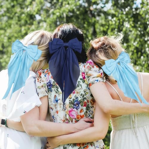 JOYRUBY 2PCS Silky Satin Blue Hair Bows with Long Tail French Barrettes