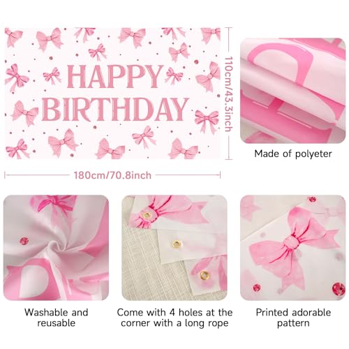 Pink Bow Happy Birthday Backdrop Banner - 71 x 43 Inch Fabric Decor