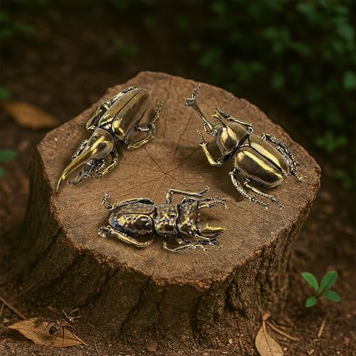 3-Piece Solid Brass Beetle Figurine Set for Home Decor