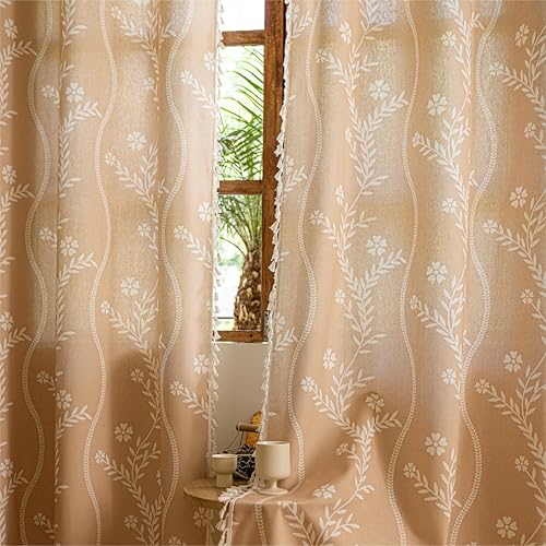 Boho Linen Curtains 52 x 63 Inches - Pack of 2 Beige Floral Farmhouse Window Drapes