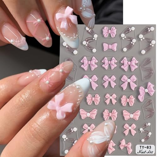 5D Embossed Pink Bow Nail Stickers Kawaii Japanese Style Decals