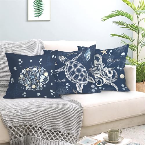 Sea Turtle Throw Pillow Covers Set of 4 - 18x18 Inch Ocean Decor