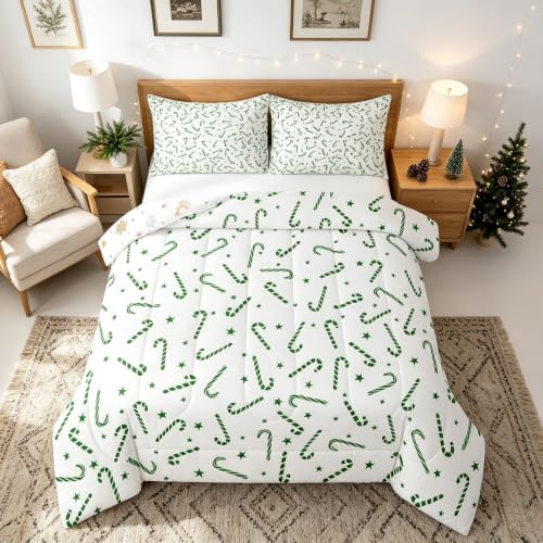 Toddler Reversible Christmas Comforter Set with Candy Cane Design - Green White Variation