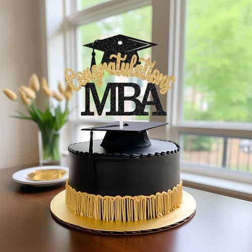 MBA Graduation Cake Topper - Black and Gold Glitter Decoration
