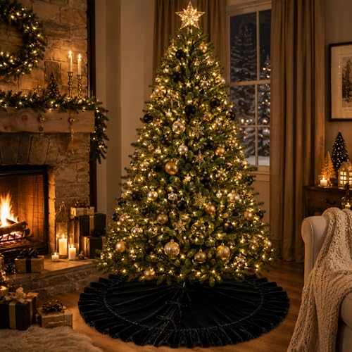 122cm Black Velvet Christmas Tree Skirt with Ruffled Edge and Bow Ties - Modern Holiday Decor