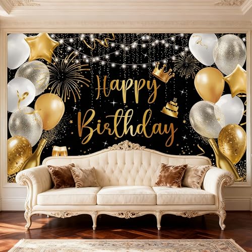 Large Black and Gold Happy Birthday Banner - 71x43 Inch Party Backdrop