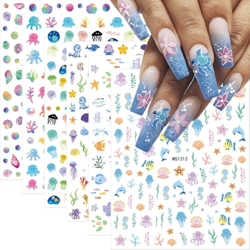 GUAACCB 6 Sheets Summer Nail Stickers 3D Self-Adhesive Beach Shell Decals