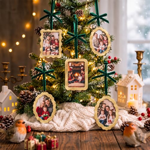 Fumete Vintage Brass Christmas Picture Frame Ornaments Set - 9 Pieces, 2.5 x 3.5 Inch, Gold
