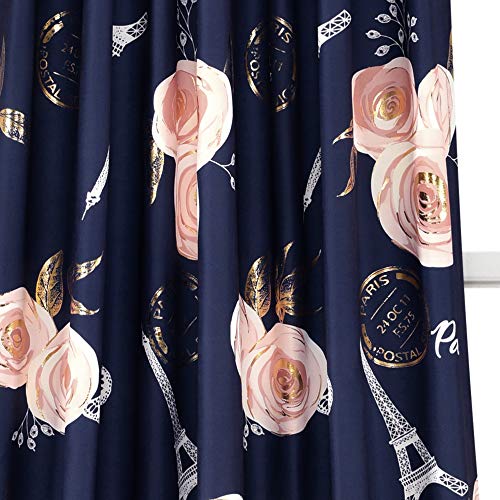 Lush Decor Vintage Paris Rose Butterfly Script Light Filtering Window Curtain Panels Pair 52" W x 84" L Navy - Kids Curtains - Kids Bedroom Decor